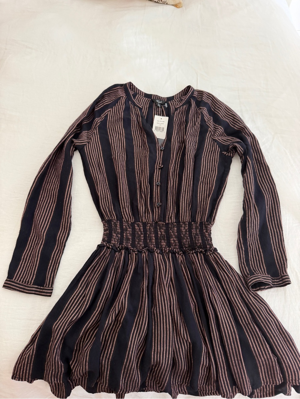 Striped Long-Sleeve Smocked Waist Dress in Black and Brown